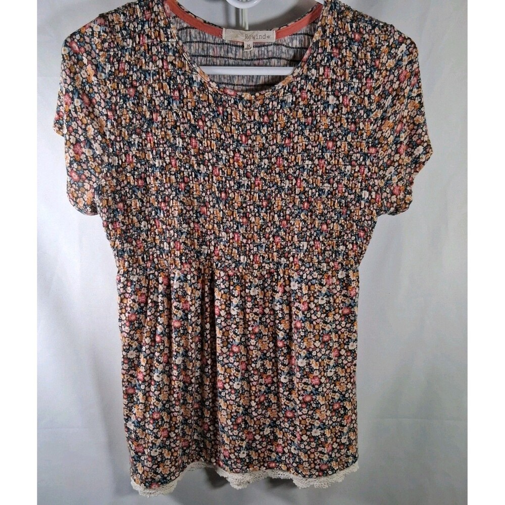 Rewind Floral Smocked Babydoll Top with Lace Trim Sz M Boho Coquette Cottagecore
